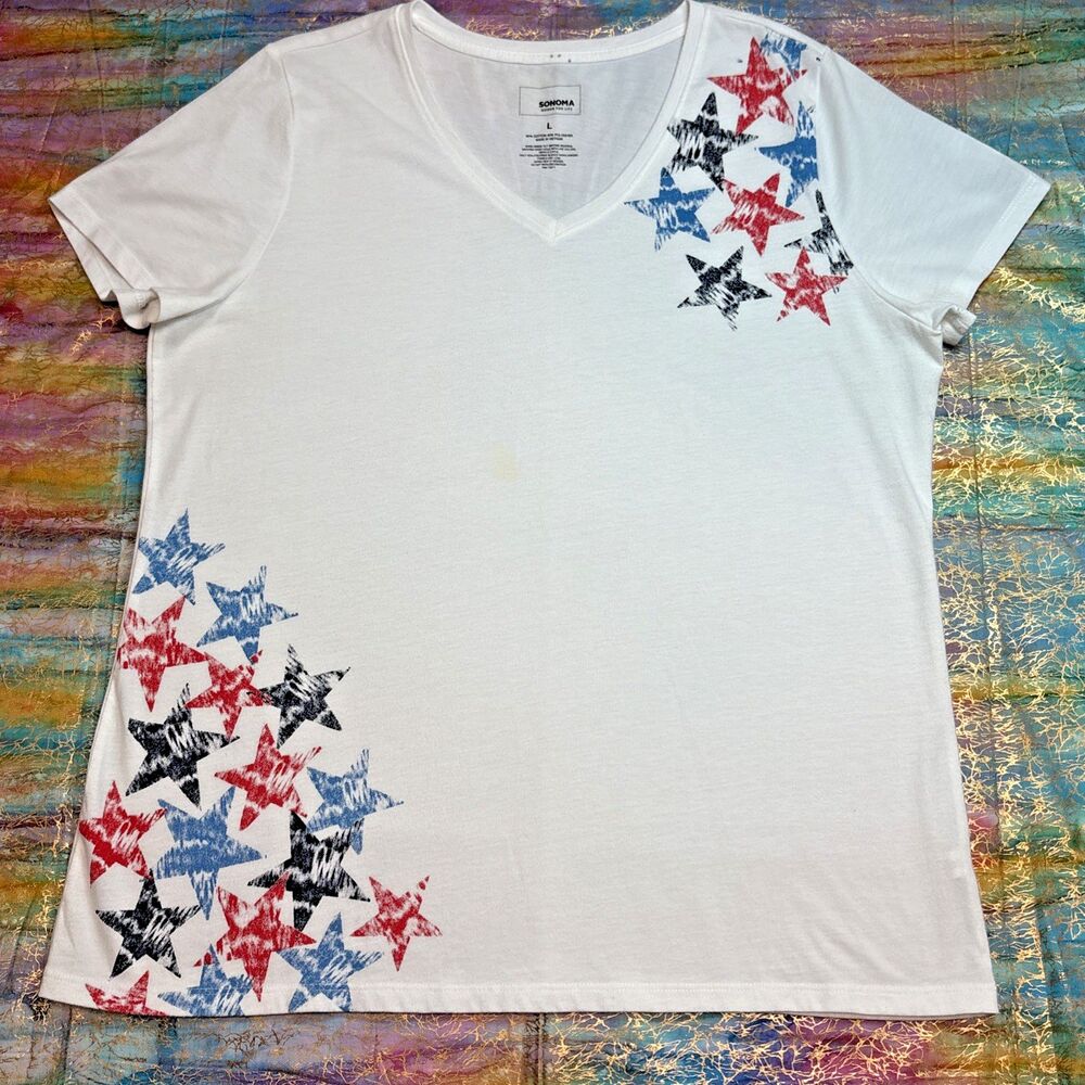 Sonoma patriotic stars Top White T Shirt Pullover Short Sleeve Womens Large